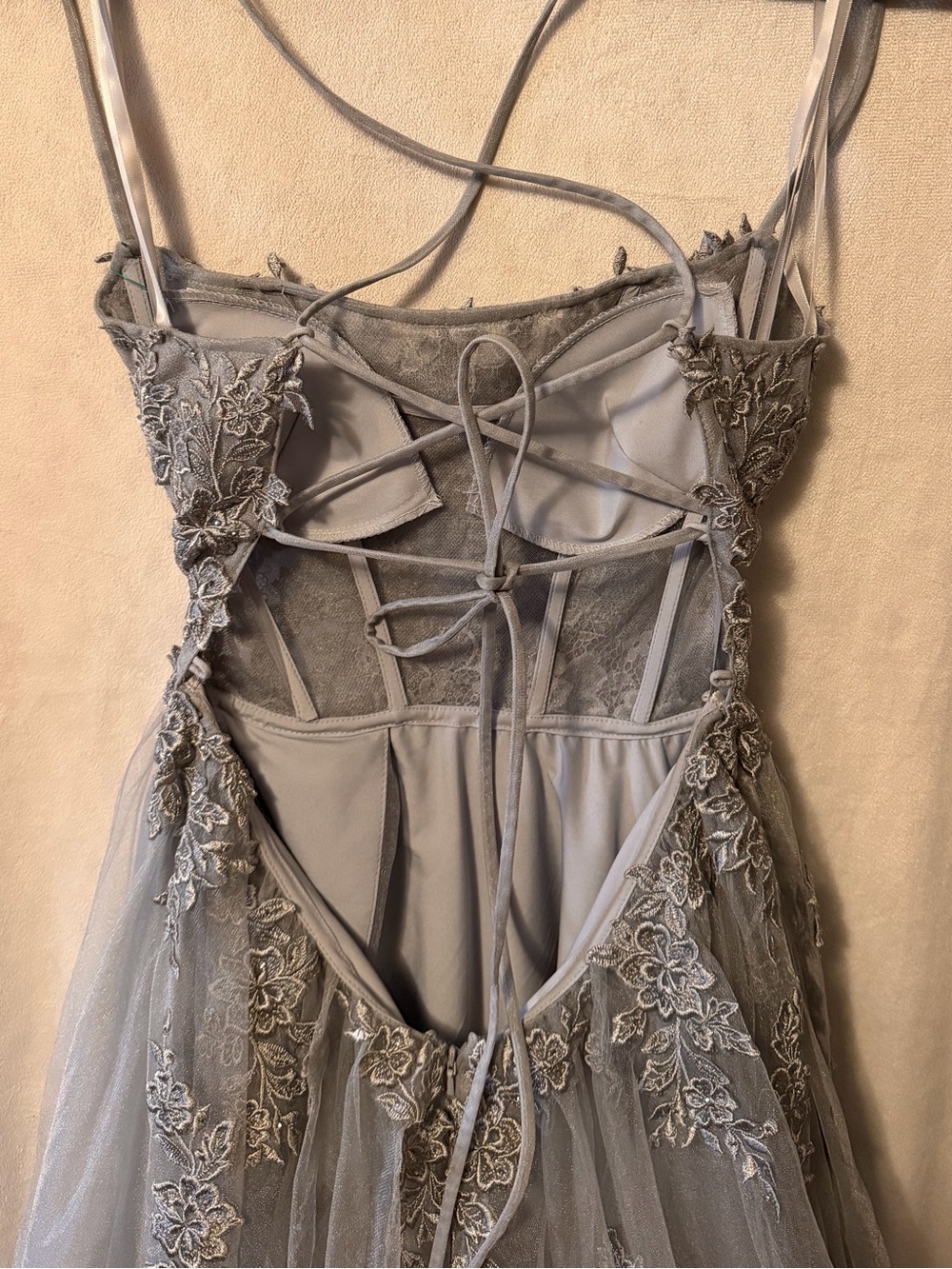 La Femme Silver Gray Embroidered Formal Gown - Picture 9 of 14